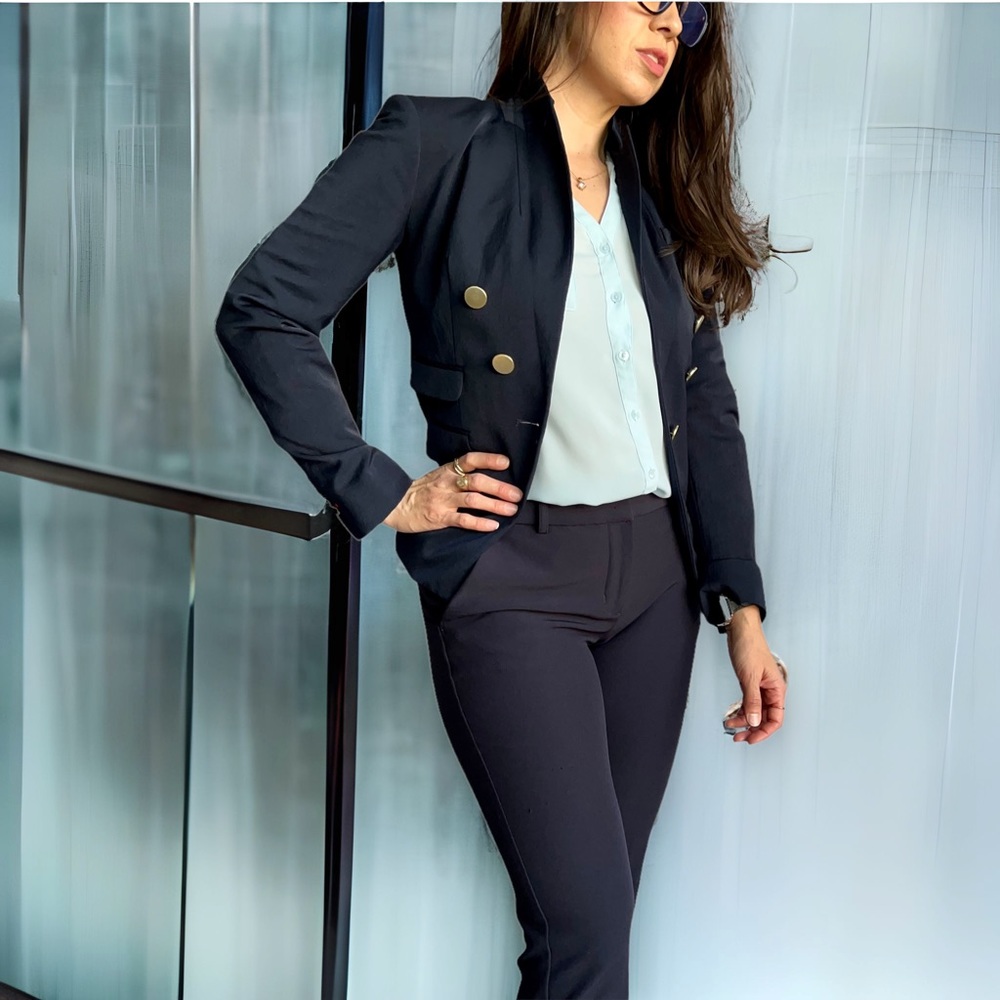 Express Peak Lapel Double Breasted Novelty Button Blazer, Navy Blue, Size 0